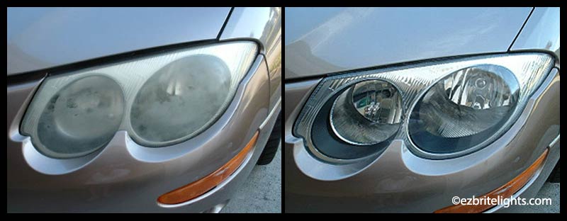 Dull headlights before EZ Bright Lights polish and seal, versus same headlights after treatment.